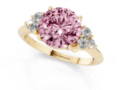 Fancy Pink Round Cut Diamond Cluster Ring Set in Yellow gold with Plain Band and Prong Setting