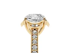 Cushion Cut Diamond Halo Ring Set in Yellow gold with Channel Set Band and Prong Setting