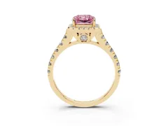 Fancy Pink Radiant Cut Diamond Halo Engagement Ring Set in Yellow gold with Pavé Band and Prong-Set Center