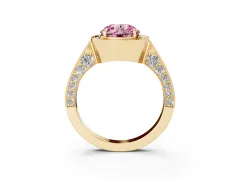 Fancy Pink Round Cut Diamond Halo Engagement Ring Set in Yellow gold with Accent Split Shank Band