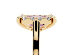 Fancy Pink Emerald Cut Diamond Cluster Halo Solitaire Ring Set in Yellow gold with Prong Setting