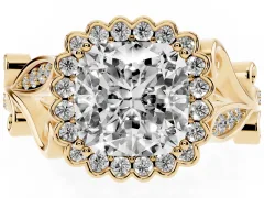 Cushion Cut Diamond Halo Ring Set in Yellow gold with Leaf Motif Split Shank and Prong Setting