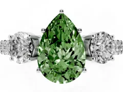 Fancy Green Pear Cut Diamond Three-Stone Ring Set in Silver with Round Side Stones and Delicate Pavé Band