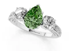 Fancy Green Pear Cut Diamond Three-Stone Ring Set in White gold with Round Side Stones and Pavé Band
