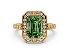 Fancy Green Emerald Cut Diamond Milgrain Halo Solitaire Ring Set in Yellow gold with Bezel Set Side Stones and Pavé Band