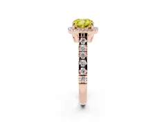 Fancy Yellow Cushion Cut Diamond Halo Engagement Ring Set in Rose gold with Pavé Band and Prong-Set Center