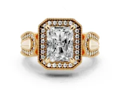 Radiant Cut Diamond Halo Ring Set in Yellow gold with Milgrain Accent Split Shank