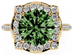 Fancy Green Round Cut Diamond Halo Ring Set in Yellow gold with Pavé-Lined Shoulders and Prong Setting