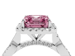 Fancy Pink Asscher Cut Diamond Halo Twist Band Solitaire Ring Set in Platinum with Prong Setting
