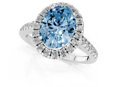 Fancy Blue Oval Cut Diamond Halo Pavé Engagement Ring Set in Platinum with Prong Setting