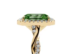 Fancy Green Emerald Cut Diamond Halo Twist Band Solitaire Ring Set in Yellow gold with Prong Setting