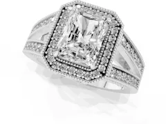 Radiant Cut Diamond Halo Ring Set in Silver with Stone-Set Split Shank and Milgrain Edges