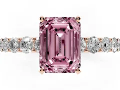 Fancy Pink Emerald Cut Diamond Solitaire Ring Set in Rose gold with Shared Prong Pavé Band