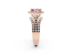 Fancy Pink Oval Cut Diamond Halo Split Shank Ring Set in Rose gold with Round Accent Stones and Prong Setting