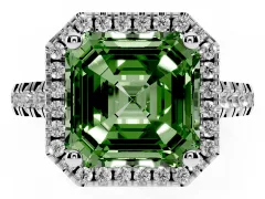 Fancy Green Asscher Cut Diamond Halo Engagement Ring Set in White gold with Pavé Band and Prong-Set Center