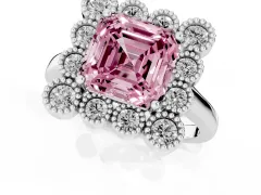 Fancy Pink Asscher Cut Diamond Cluster Halo Ring Set in Silver with Milgrain Bezel Accents and Plain Band