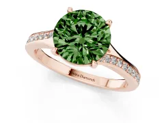 Fancy Green Round Cut Diamond Solitaire Ring Set in Rose gold with Pavé Accent Band and Classic Prong Setting
