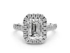Emerald Cut Diamond Halo Engagement Ring Set in White gold with Pavé Band and Prong-Set Center