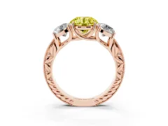 Fancy Yellow Round Cut Diamond Three-Stone Engagement Ring Set in Rose gold with Milgrain Pavé Band