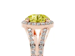 Fancy Yellow Round Cut Diamond Halo Split Shank Ring Set in Rose gold with Accent Stones and Prong Setting