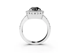 Fancy Black Round Cut Diamond Halo Ring Set in White gold with Pavé Shank and Prong Setting