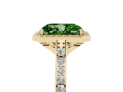 Fancy Green Radiant Cut Diamond Halo Engagement Ring Set in Yellow gold with Round Pavé Shoulders and Heart Gallery