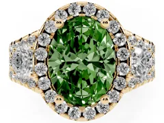 Fancy Green Oval Cut Diamond Halo Split Shank Ring Set in Yellow gold with Round Accent Stones and Prong Setting