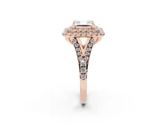 Asscher Cut Diamond Double Halo Ring Set in Rose gold with Pavé Split Shank and Prong Setting