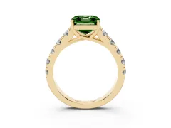 Fancy Green Asscher Cut Diamond Solitaire Ring Set in Yellow gold with Cut-Down Micro Pavé Band and Prong Setting