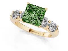 Fancy Green Princess Cut Diamond Five-Stone Prong Set Ring Set in Yellow gold with Classic Band