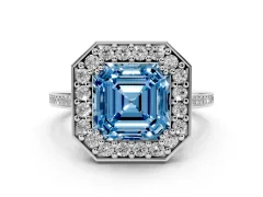 Fancy Blue Asscher Cut Diamond Halo Ring Set in Platinum with Accent-Lined Split Shank and Prong Setting