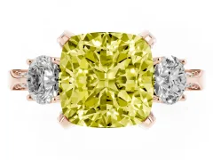 Fancy Yellow Cushion Cut Diamond Three-Stone Ring Set in Rose gold with Pavé Band and Smaller Side Stones