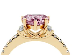 Fancy Pink Heart Cut Diamond Three-Stone Pavé Ring Set in Yellow gold with Prong Setting