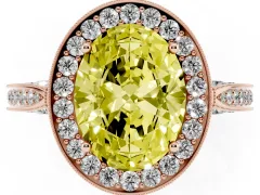 Fancy Yellow Oval Cut Diamond Halo Engagement Ring Set in Rose gold with Accent Split Shank Band