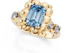 Fancy Blue Emerald Cut Diamond Floral Halo Ring Set in Yellow gold with Shared Prong Band