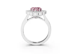 Fancy Pink Heart Cut Diamond Cluster Halo Ring Set in Platinum with Milgrain Bezel Accents and Plain Band