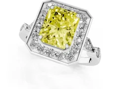 Fancy Yellow Radiant Cut Diamond Halo Engagement Ring Set in White gold with Twisted Band and Prong Setting