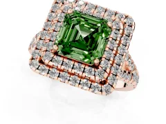 Fancy Green Asscher Cut Diamond Double Halo Ring Set in Rose gold with Pavé Split Shank and Prong Setting