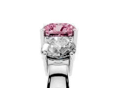 Fancy Pink Cushion Cut Diamond Three-Stone Ring Set in Silver with Round Side Stones and Classic Band