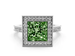 Fancy Green Princess Cut Diamond Halo Milgrain Pavé Band Ring Set in Silver with Prong Setting