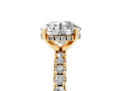 Round Cut Diamond Pavé Solitaire Ring Set in Yellow gold with Round Band Accents and Prong Setting