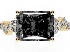 Fancy Black Radiant Cut Diamond Ring Set in Yellow gold with Scattered Round Accents