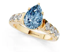 Fancy Blue Pear Cut Diamond Solitaire Ring Set in Yellow gold with Cut-Down Micro Pavé Band and Prong Setting