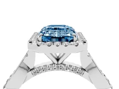 Fancy Blue Emerald Cut Diamond Halo Twist Band Solitaire Ring Set in Platinum with Prong Setting