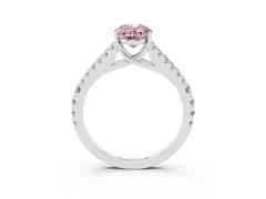 Fancy Pink Oval Cut Diamond Split Shank Pavé Engagement Ring Set in Platinum with Prong-Held Center Stone