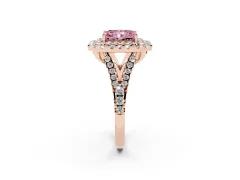 Fancy Pink Radiant Cut Diamond Double Halo Ring Set in Rose gold with Pavé Split Shank and Prong Setting