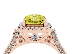 Fancy Yellow Radiant Cut Diamond Halo Ring Set in Rose gold with Pavé-Lined Split Shank Band