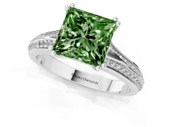 Fancy Green Princess Cut Diamond Split Shank Pavé Engagement Ring Set in Platinum with Prong-Set Center Stone