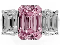 Fancy Pink Emerald Cut Diamond Three-Stone Ring Set in White gold with Plain Polished Band