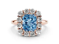 Fancy Blue Radiant Cut Diamond Halo Cluster Engagement Ring Set in Rose gold with Polished Band and Prong Setting